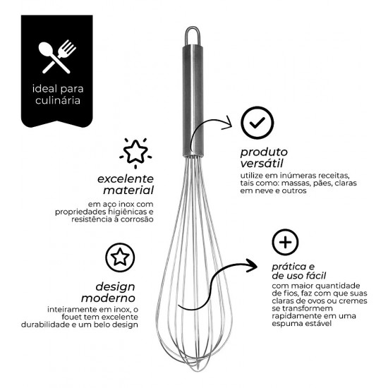 Batedor Manual Fouet 40cm Profissional Aço Inox